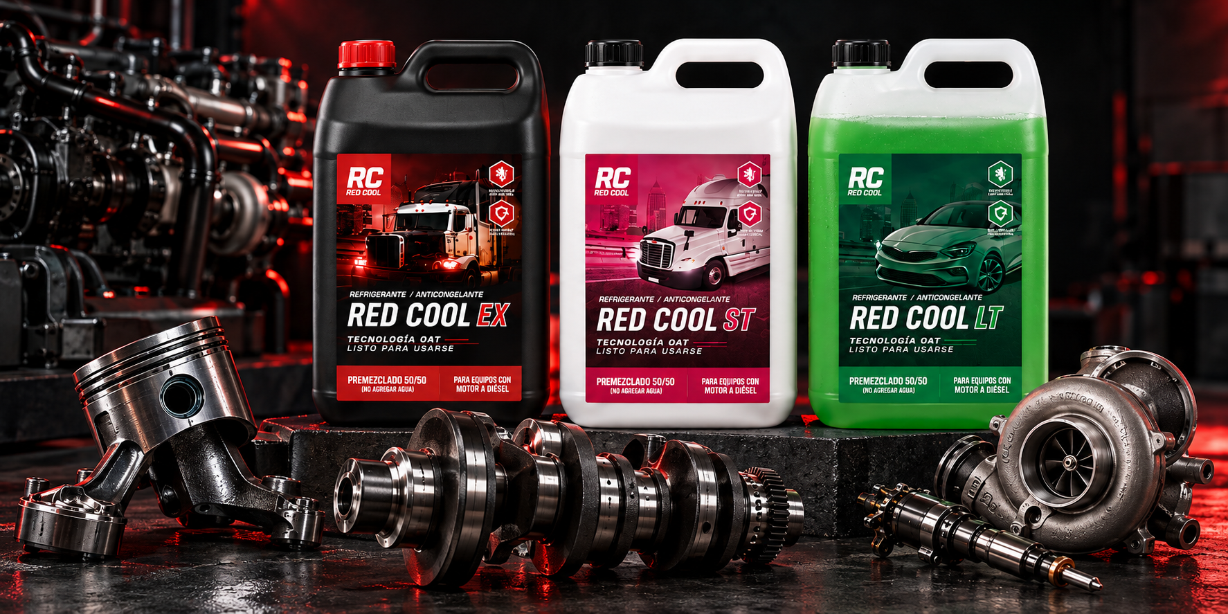 Anticongelantes Red Cool EX, ST y LT junto a partes para motor diésel